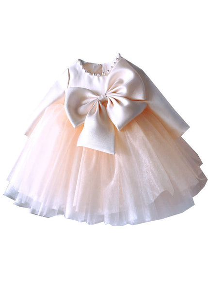 Classy Champagne Patchwork Bow Tulle Kids Long Dress Spring YS041 ABC