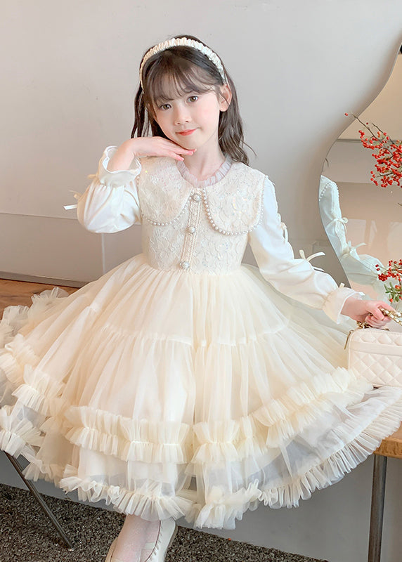 Classy Champagne Ruffled Nail Bead Tulle Patchwork Kids Maxi Dresses Fall QV040 MM-RCTZFDGL241026