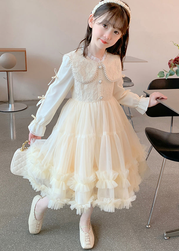 Classy Champagne Ruffled Nail Bead Tulle Patchwork Kids Maxi Dresses Fall QV040 MM-RCTZFDGL241026