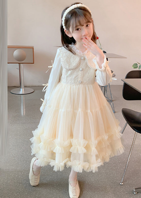 Classy Champagne Ruffled Nail Bead Tulle Patchwork Kids Maxi Dresses Fall QV040 MM-RCTZFDGL241026