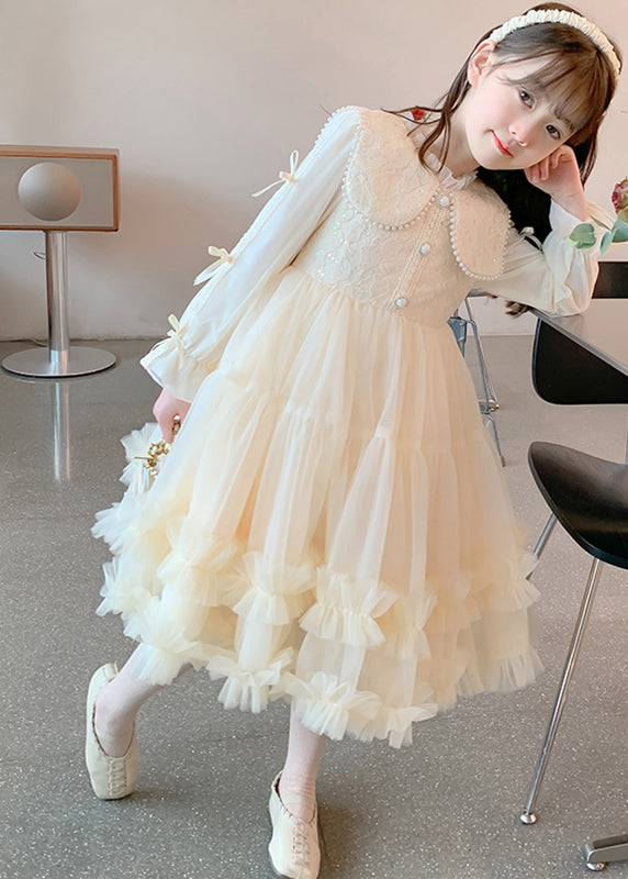 Classy Champagne Ruffled Nail Bead Tulle Patchwork Kids Maxi Dresses Fall QV040 MM-RCTZFDGL241026