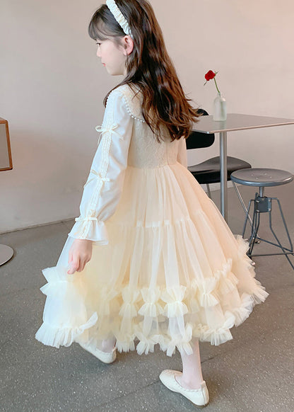 Classy Champagne Ruffled Nail Bead Tulle Patchwork Kids Maxi Dresses Fall QV040 MM-RCTZFDGL241026