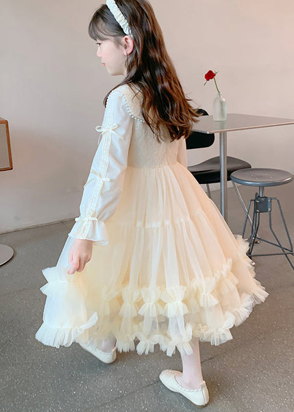 Classy Champagne Ruffled Nail Bead Tulle Patchwork Kids Maxi Dresses Fall QV040 MM-RCTZFDGL241026