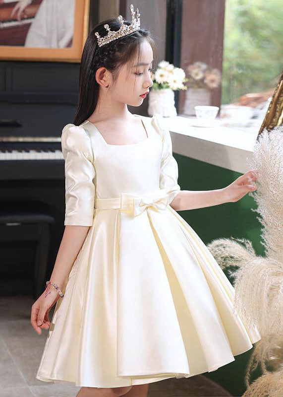 Classy Champagne Square Collar Bow Satin Kids Mid Dresses Half Sleeve QV015 WS-JRTZSDGM241026