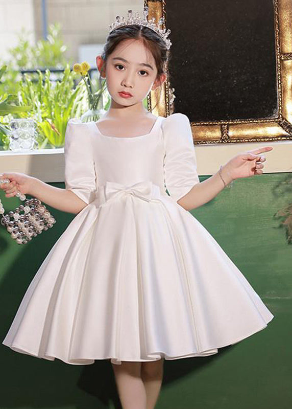 Classy Champagne Square Collar Bow Satin Kids Mid Dresses Half Sleeve QV015 WS-JRTZSDGM241026