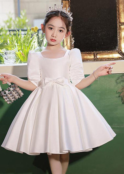 Classy Champagne Square Collar Bow Satin Kids Mid Dresses Half Sleeve QV015 WS-JRTZSDGM241026