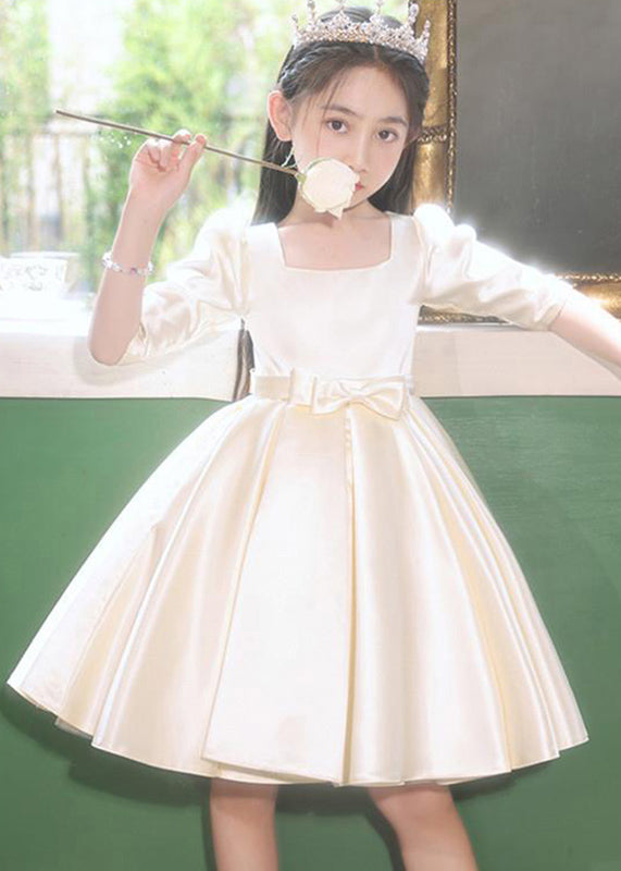 Classy Champagne Square Collar Bow Satin Kids Mid Dresses Half Sleeve QV015 WS-JRTZSDGM241026