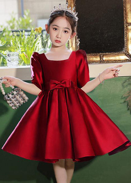 Classy Champagne Square Collar Bow Satin Kids Mid Dresses Half Sleeve QV015 WS-JRTZSDGM241026