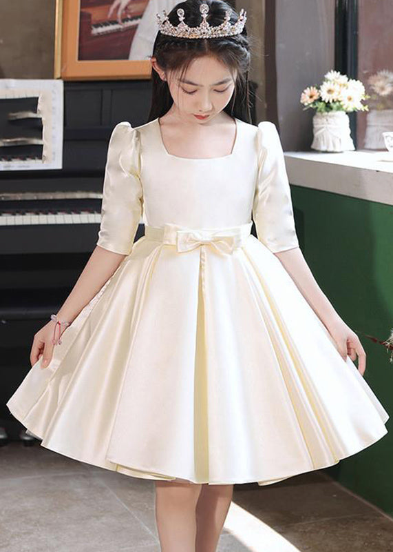 Classy Champagne Square Collar Bow Satin Kids Mid Dresses Half Sleeve QV015 WS-JRTZSDGM241026