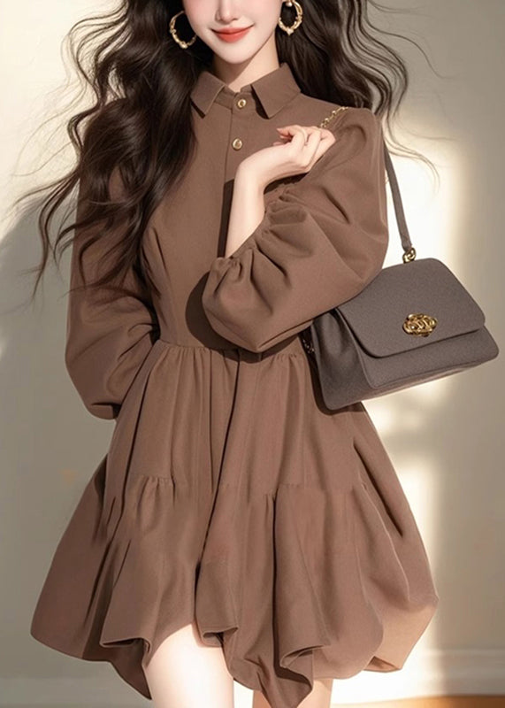 Collar Pan Classy Dress Coffee Mid Button Patchwork Half Peter FashionChic