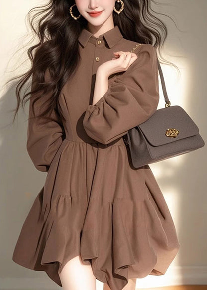 Collar Pan Classy Dress Coffee Mid Button Patchwork Half Peter FashionChic