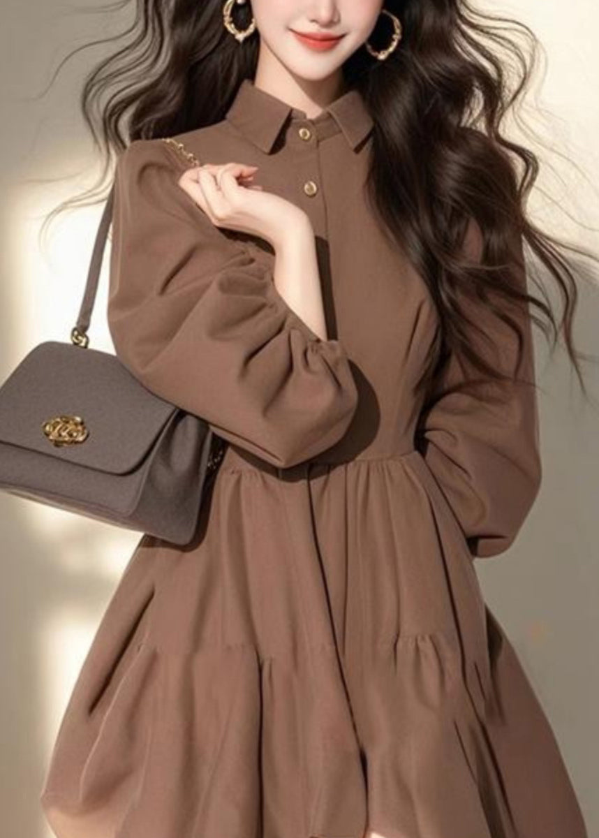 Collar Pan Classy Dress Coffee Mid Button Patchwork Half Peter FashionChic