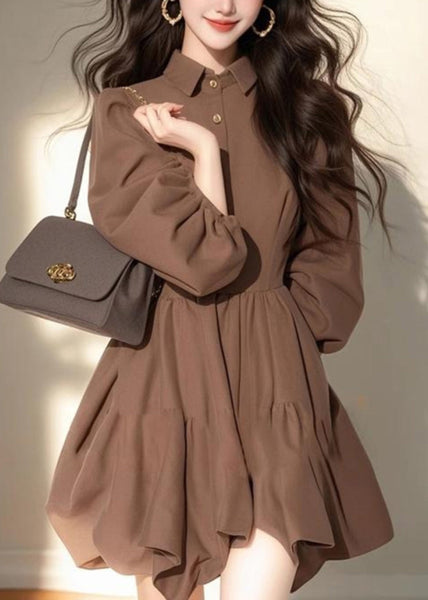 Collar Pan Classy Dress Coffee Mid Button Patchwork Half Peter FashionChic