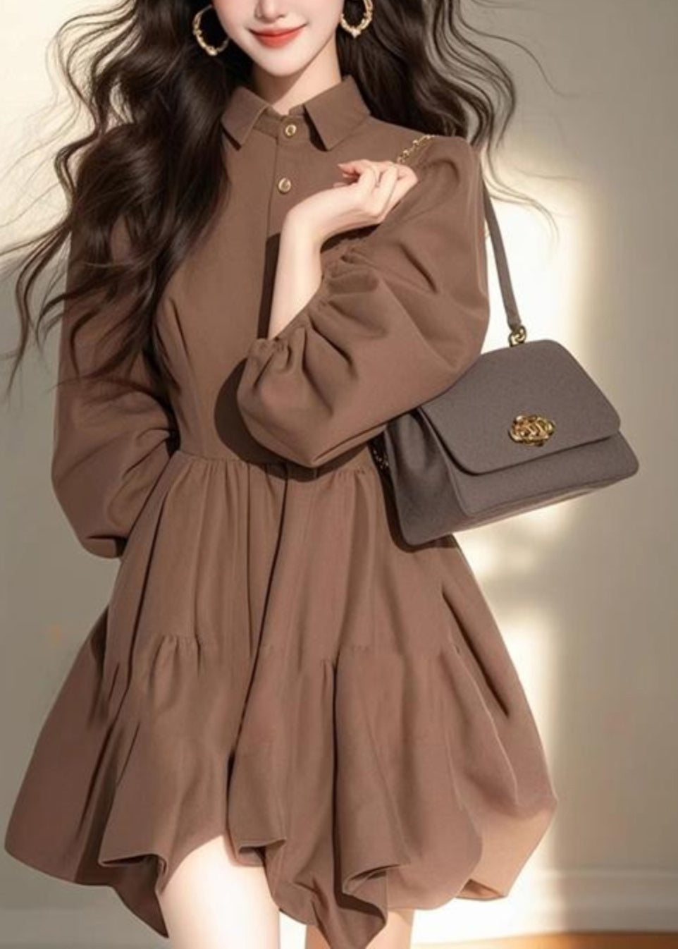 Collar Pan Classy Dress Coffee Mid Button Patchwork Half Peter FashionChic