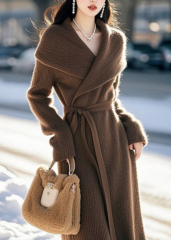 Classy Coffee Peter Pan Collar Tie Waist Knit Sweaters Dress Spring TN047 ABC