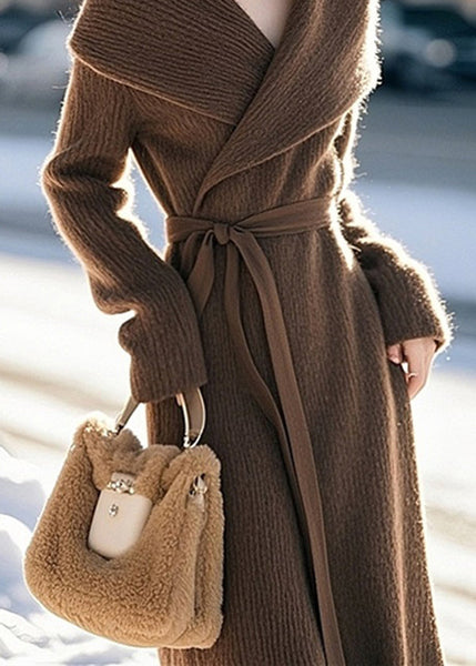 Classy Coffee Peter Pan Collar Tie Waist Knit Sweaters Dress Spring TN047 ABC