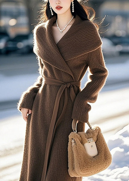 Classy Coffee Peter Pan Collar Tie Waist Knit Sweaters Dress Spring TN047 ABC