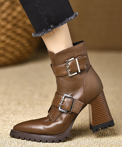 Classy Cowhide Leather Splicing Zippered Chunky Heel Boots Pointed Toe RX009 ABC