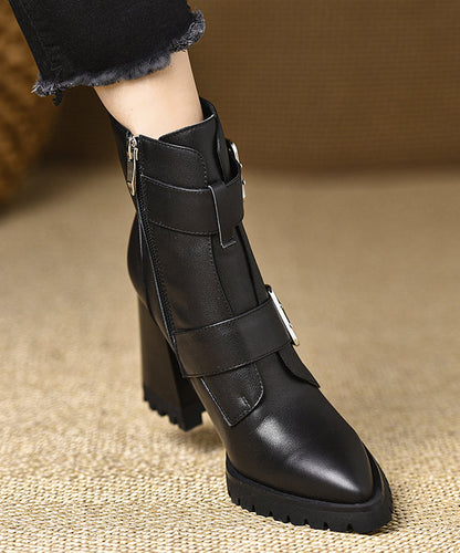 Classy Cowhide Leather Splicing Zippered Chunky Heel Boots Pointed Toe RX009 ABC