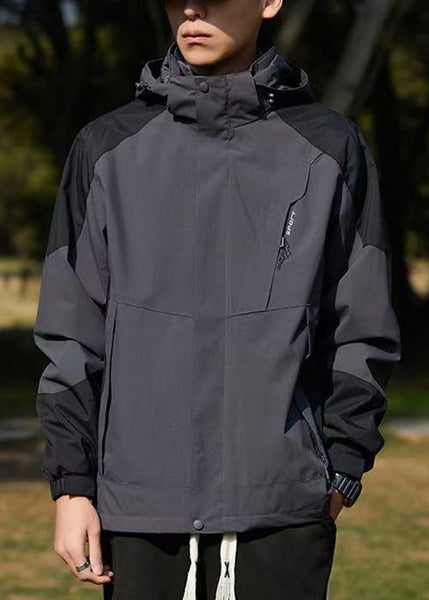 Hooded Spring Cotton Dark Coat Gray Classy Men Patchwork Pockets FashionChic