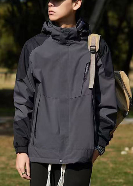 Hooded Spring Cotton Dark Coat Gray Classy Men Patchwork Pockets FashionChic