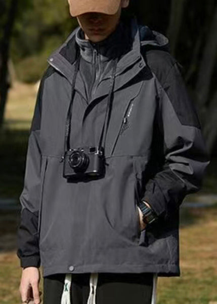 Hooded Spring Cotton Dark Coat Gray Classy Men Patchwork Pockets FashionChic