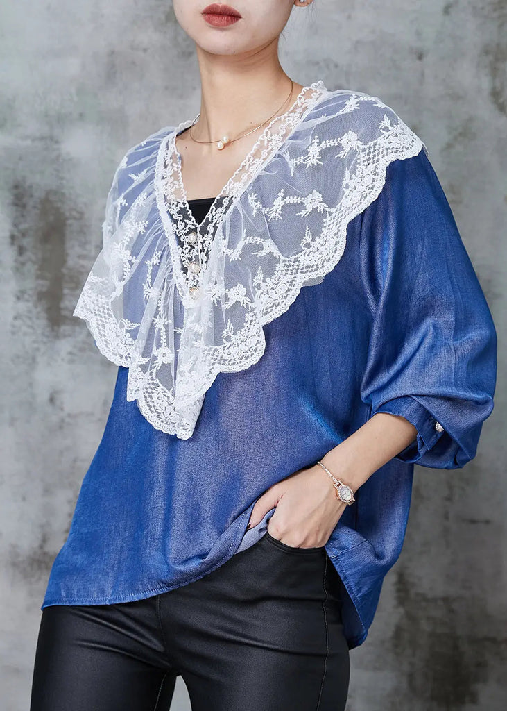 Classy Denim Blue Peter Pan Collar Patchwork Lace Cotton Shirts Spring Ada Fashion