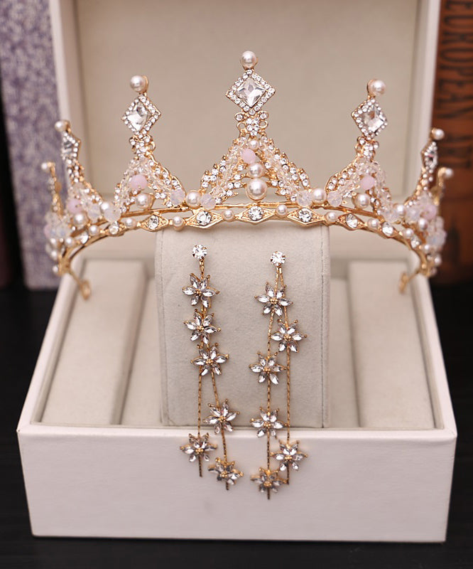 Classy Gold Alloy Zircon Pearl Crystal Floral Water Drop Three Piece Set Girl Crown IU054 TZ-FQ-TPIEC240802