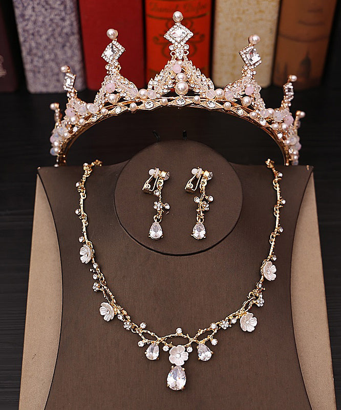 Classy Gold Alloy Zircon Pearl Crystal Floral Water Drop Three Piece Set Girl Crown IU054 TZ-FQ-TPIEC240802