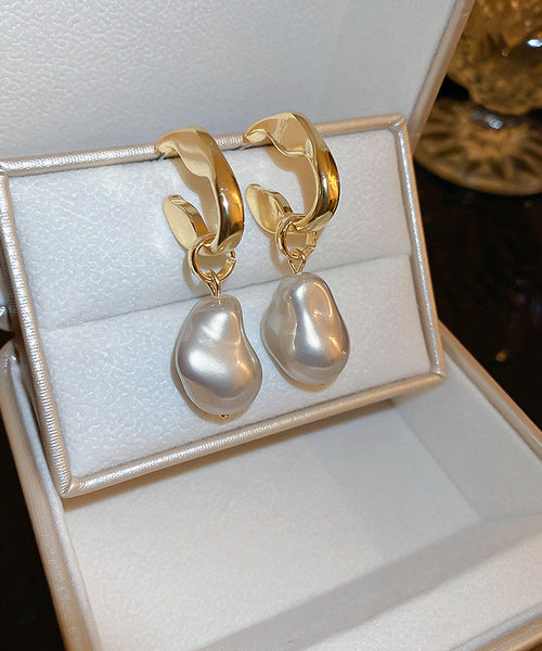 Classy Gold Copper Pearl Asymmetric Drop Earrings QJ049 JEW-EAR241021
