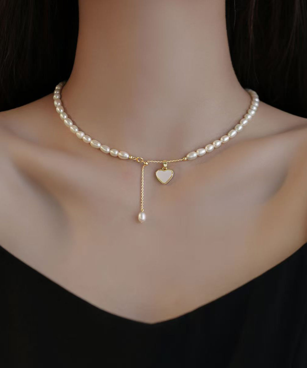 Classy Gold Sterling Silver Alloy Love Pearl Tassel Pendant Necklace RA023 ABC