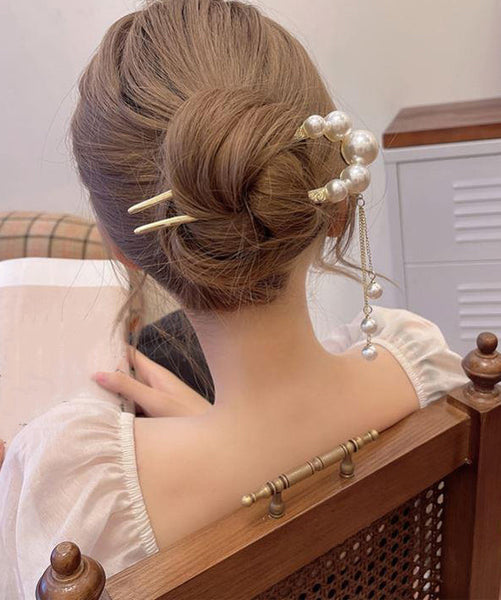 Classy Gold Sterling Silver Alloy Pearl Tassel U Shaped Hairpin AB1062 Genistyle Shop