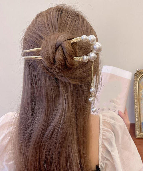 Classy Gold Sterling Silver Alloy Pearl Tassel U Shaped Hairpin AB1062 Genistyle Shop