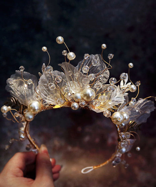 Classy Gold Tulle Crystal Pearl Floral Girl Hairpin IU058 TZ-FQ-HAI240802