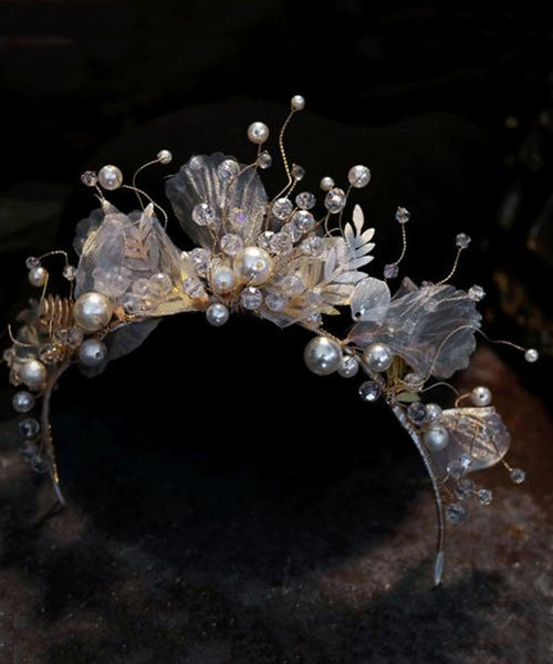 Classy Gold Tulle Crystal Pearl Floral Girl Hairpin IU058 TZ-FQ-HAI240802