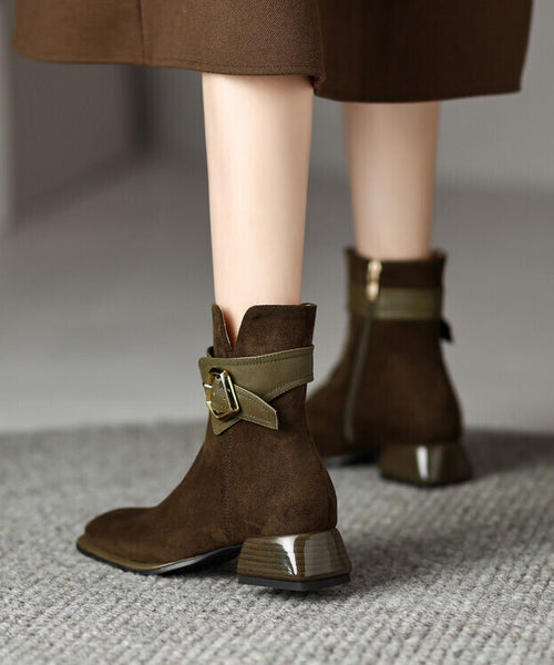 Classy Green Boots Chunky Suede Fitted Splicing Zippered YC012 ABC