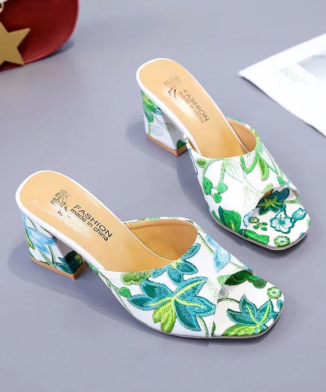 Classy Green Chunky Heel Embroidery Slide Sandals Peep Toe XC1029 Ada Fashion