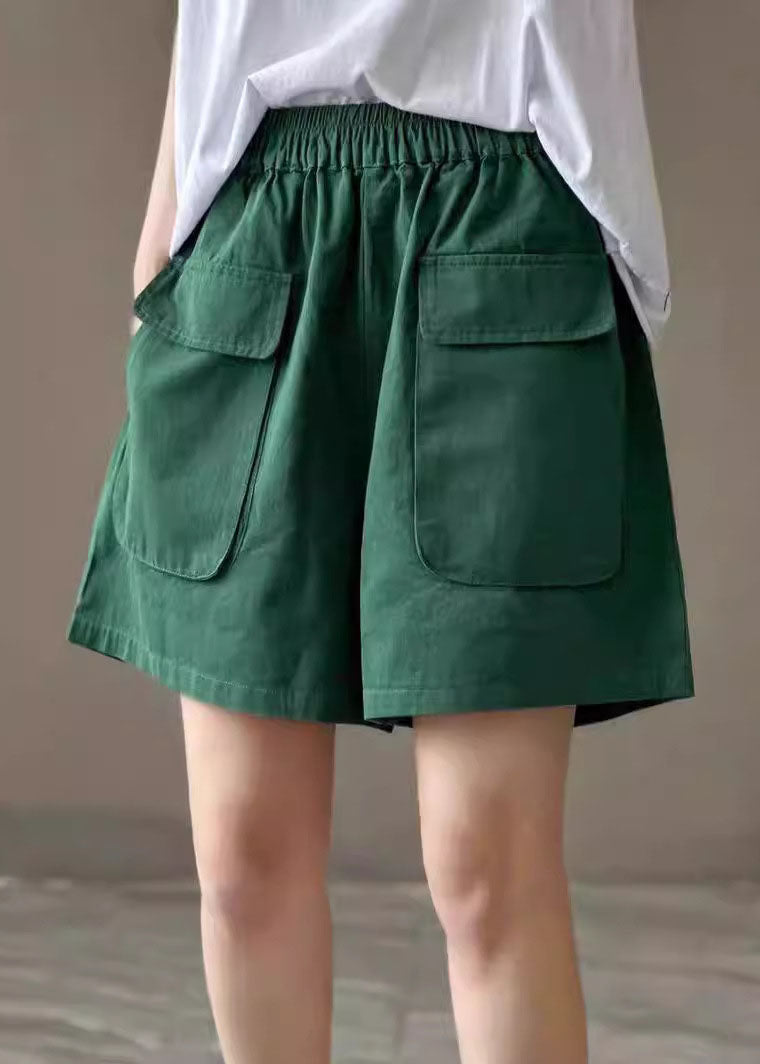 Shorts Waist Pockets Elastic Green Cotton Summer Classy Pants FashionChic