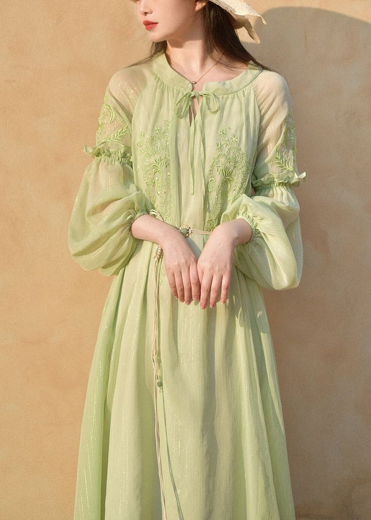 Classy Green Embroidered Lace Up Chiffon Long Dresses Long Sleeve AU1049 MZF-240903