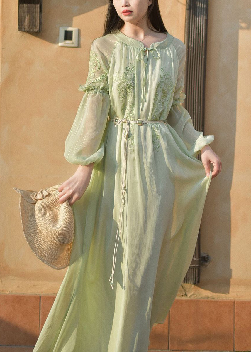 Classy Green Embroidered Lace Up Chiffon Long Dresses Long Sleeve AU1049 MZF-240903