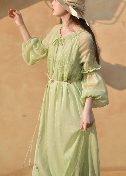Classy Green Embroidered Lace Up Chiffon Long Dresses Long Sleeve AU1049 MZF-240903