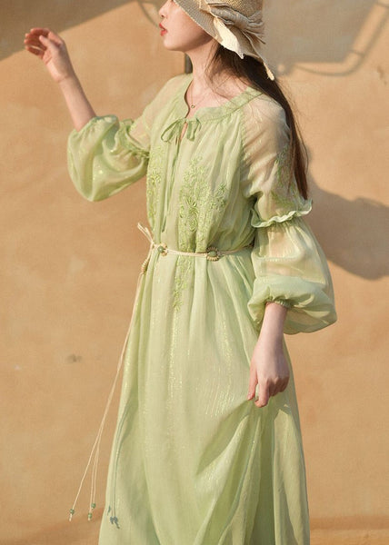 Classy Green Embroidered Lace Up Chiffon Long Dresses Long Sleeve AU1049 MZF-240903