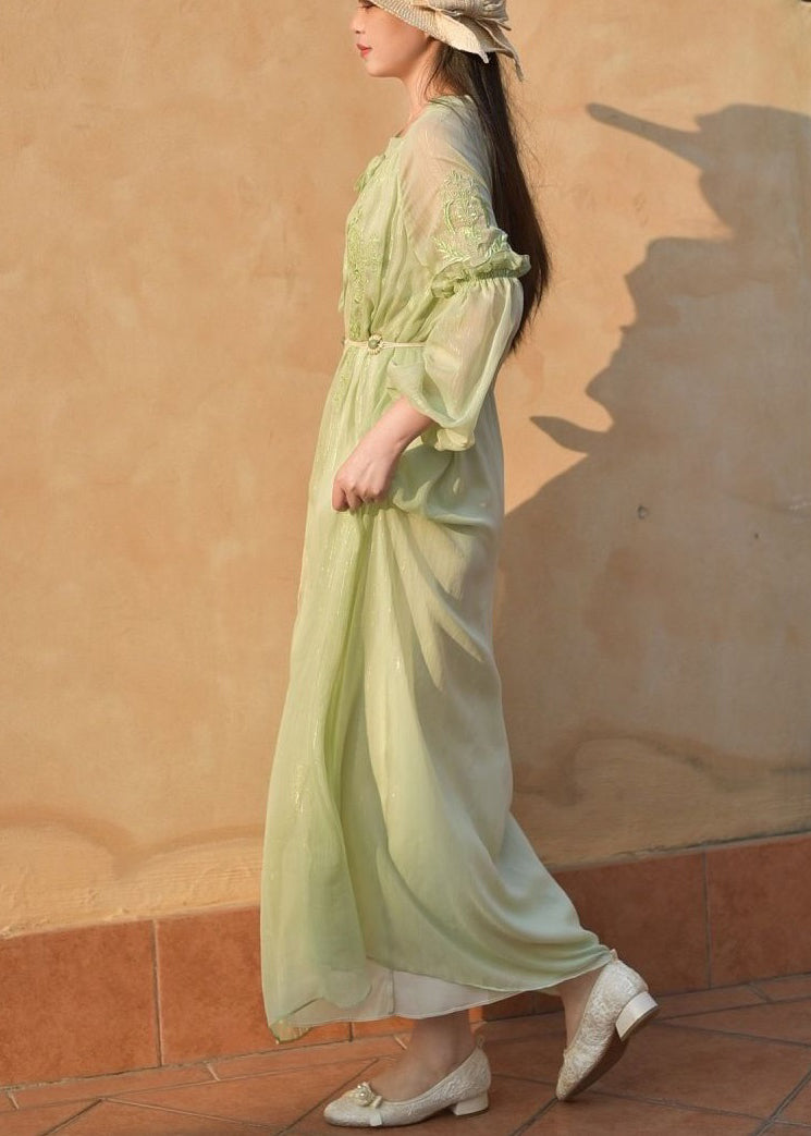 Classy Green Embroidered Lace Up Chiffon Long Dresses Long Sleeve AU1049 MZF-240903