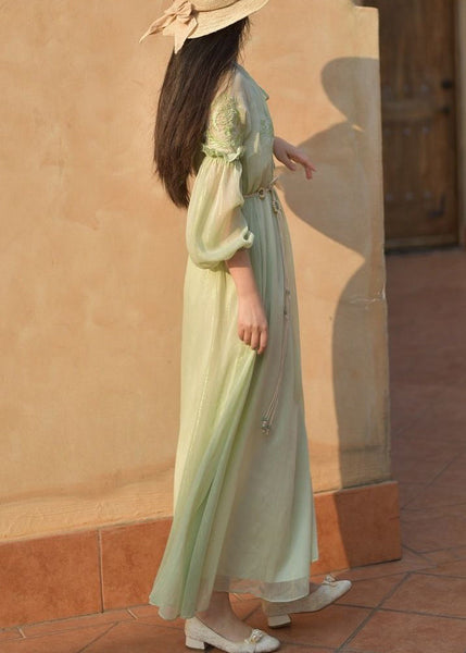 Classy Green Embroidered Lace Up Chiffon Long Dresses Long Sleeve AU1049 MZF-240903