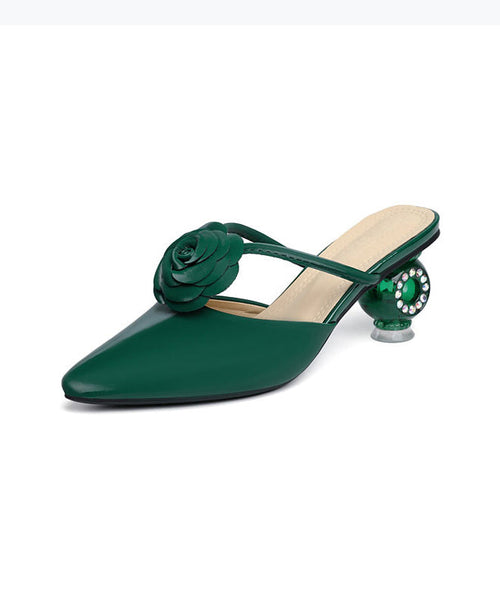 Classy Green Floral Crystal Chunky Slide Sandals Pointed Toe XC1026 Ada Fashion