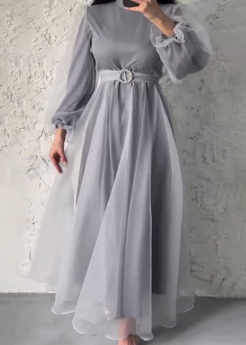 Classy Green Half High Neck Tulle Long Dresses Fall QL031 OM-ZS241023