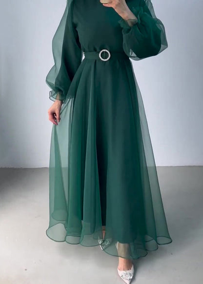Classy Green Half High Neck Tulle Long Dresses Fall QL031 OM-ZS241023