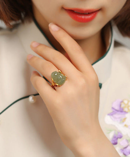 Classy Green Sterling Silver Overgild Jade A Mythical Wild Animal Rings QI079 JEW-RIN240928