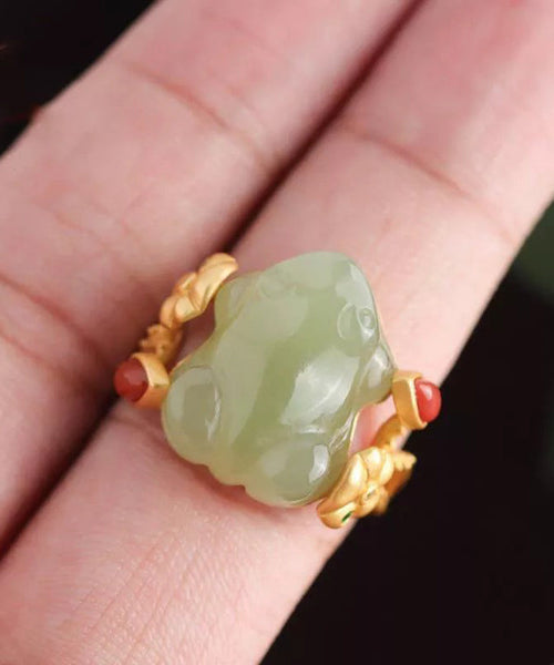 Classy Green Sterling Silver Overgild Jade A Mythical Wild Animal Rings QI079 JEW-RIN240928