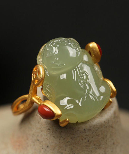 Classy Green Sterling Silver Overgild Jade A Mythical Wild Animal Rings QI079 JEW-RIN240928